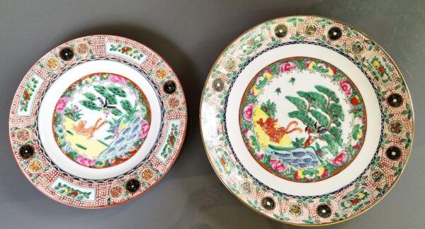 Antique Canton Famille-Rose Lion-Dog and Bird Porcelain Plates, Pair