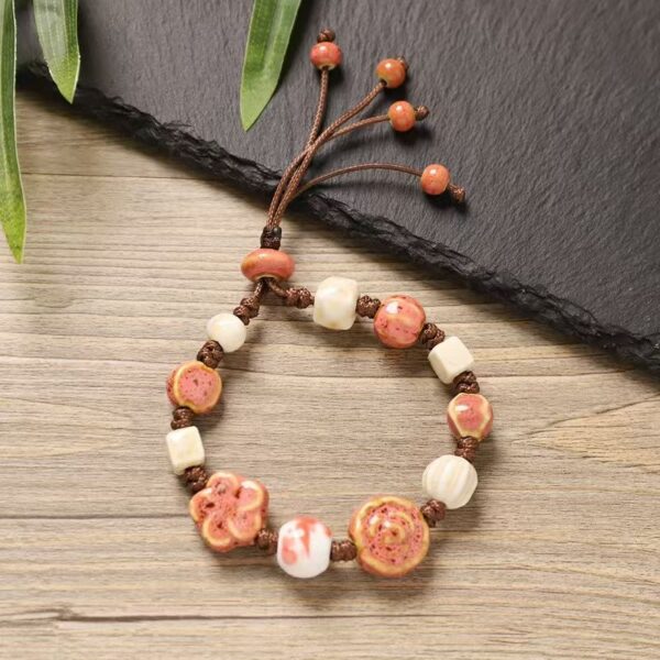 Jingdezhen Orange Pink Ceramic Flower Cord Bracelet