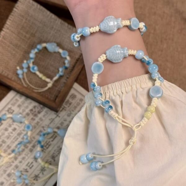 Jingdezhen Pale Blue Fish Ceramic Cord Bracelet
